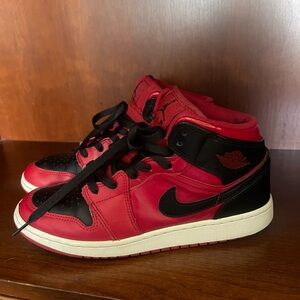 Air Jordan 1 Mid GS Reverse Bred Red and Black Sneakers